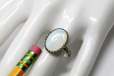 18x13mm White Opal Czech Glass 925 Antique Sterling Silver Ring by Salish Sea Inspirations - image4